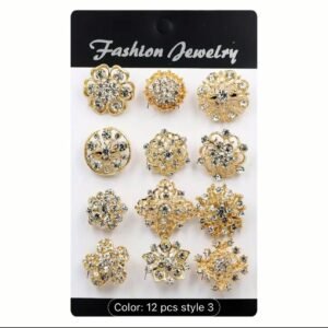 12 pcs Set of Elegant Rhinestone flower Brooch Gold Pinst